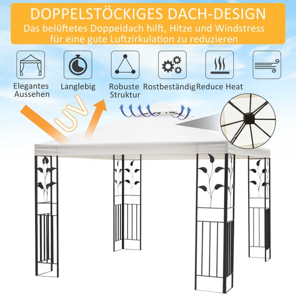 Outsunny Gartenpavillon, mit Blatt-Design Pavillon, 295L x 295B x 270H cm, Polyester, Cremeweiß