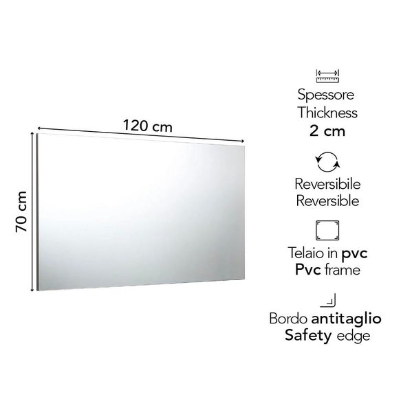 Wandspiegel 120 mal 70 Zentimeter, 2 Zentimeter dick, Rahmen aus Polyvinylchlorid, Sicherheitskante, horizontal oder vertikal montierbar.