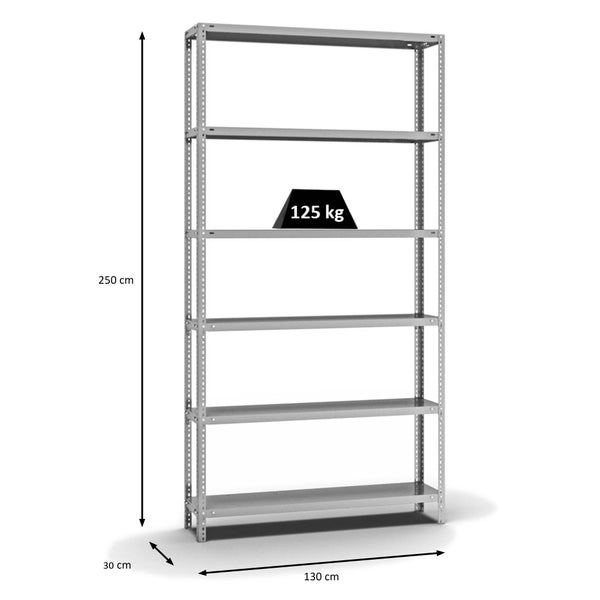 PROREGAL Fachbodenregal Schraubsystem Light-Duty Grundregal HxBxT 250 x 130 x 30 cm 6 Ebenen Fachlast 125 kg Beidseitig Nutzbar Verzinkt