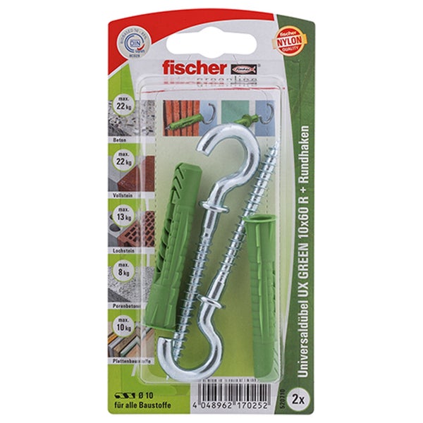 Fischer 2x Universaldübel UX GREEN 10 x 60 mm R RH mit Rand und Rundhaken - 520710