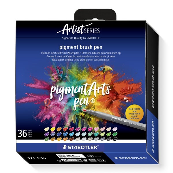 Packung mit 36 Staedtler Artist Series Pigment Brush Pens, hochwertige Tuschestifte mit flexibler Pinselspitze.