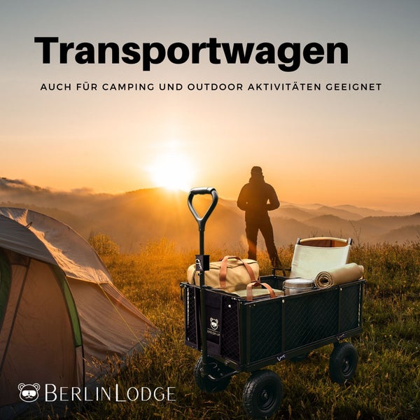 Transportwagen beladen mit Campingausrüstung auf einer Wiese vor Bergpanorama bei Sonnenaufgang mit Zelt und Person. Berlin Lodge Logo.