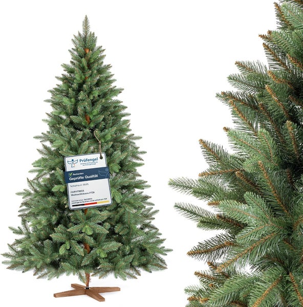 Künstlicher Fairytrees Weihnachtsbaum FT29 mit Holzständer und Prüfsiegel für geprüfte Qualität