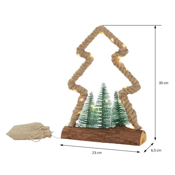 ECD Germany LED Jute Baum mit LED-Beleuchtung 23x6,5x30 cm, Deko Weihnachtsbaum aus Seil mit 30 warmweißen LEDs, 3 Tannen, Jutesäckchen, batteriebetrieben, Timer, Tannenbaum Figur Weihnachtsdeko Innen