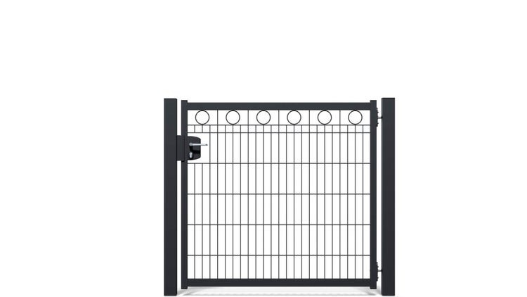 Zauntür ZAUNGURU BASIC-Linie Berlin Kreis aus Metall, Höhe: 123cm, Breite: 150cm, 1-flügelig inkl. Pfosten, Schloss und Zubehör, Feuerverzinkt und zusätzlich in RAL 7016 Anthrazitgrau pulverbeschichtet