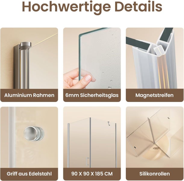 EMKE Duschkabine 80 x 80 cm Nischentür Pendeltür Nano Beschichtung Duschwand Schwingtür Duschtür Seitenwand Eckeinstieg, 185cm