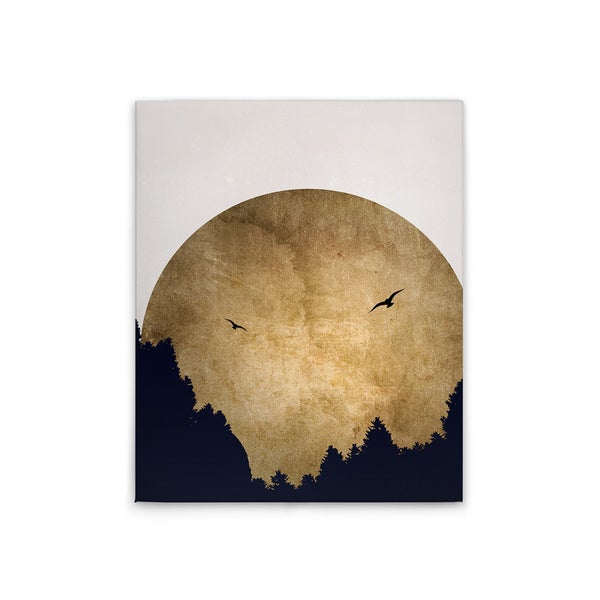 Wandbild mit Darstellung von Bäumen, aufgehender Sonne und Vögeln