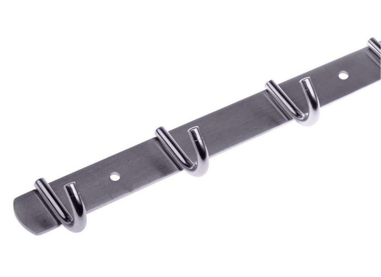 Hakenleiste aus Edelstahl mit mehreren Doppelhaken und Befestigungslöchern.