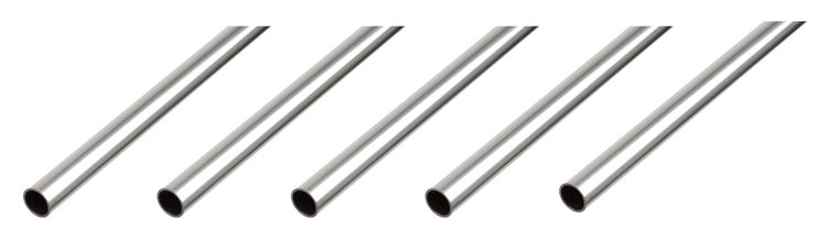 Fünf Rundrohre aus Metall für verschiedene Handwerkerprojekte.