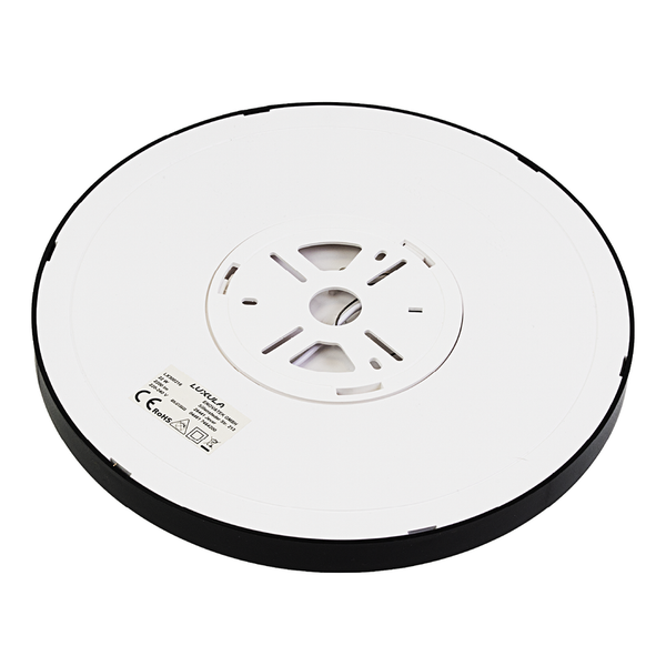 Rückseite runder Luxula LED-Deckenleuchte mit Montagehalterung, 22 Watt, 2200 Lumen, Schutzklasse zwei, europäische Konformität.