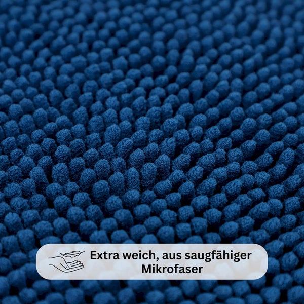 Nahaufnahme einer blauen Badematte aus extra weicher und saugfähiger Mikrofaser.