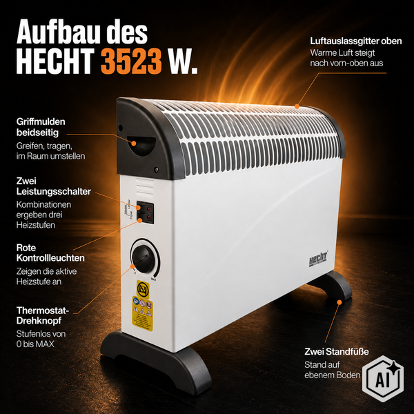 Infografik zum Aufbau des Hecht 3523 W Konvektors mit Heizstufen, Thermostat, Tragegriffen und Standfüßen zur Erläuterung der Funktionen.