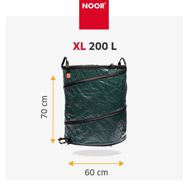 Faltbarer Gartensack von Noor mit einem Volumen von 200 Litern, Maße 70 Zentimeter Höhe und 60 Zentimeter Durchmesser, inklusive Noor Logo.