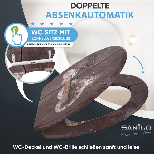 WC-Sitz von Sanilo mit Holzoptik und Schloss-Motiv, mit doppelter Absenkautomatik und Schnellverschluss per Knopfdruck. Sanilo Logo.