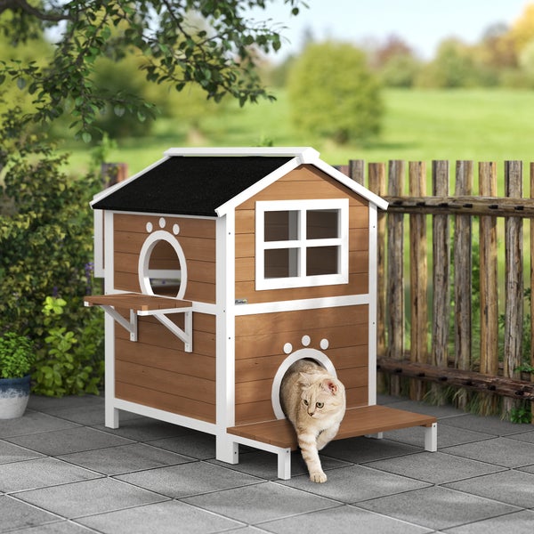 PawHut Katzenhaus aus Holz Katzenhöhle mit Fenster, Balkon, Wetterfest Katzenhütte mit 2 Ebenen, herausnehmbarem Boden, für 1-2 Katzen, Indoor, Outdoor, 66 x 66 x 90 cm, Braun