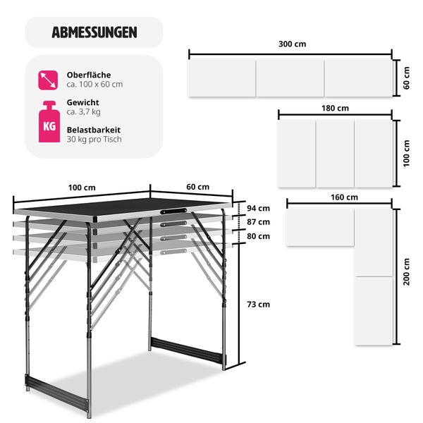 3er Set Tapeziertisch tectake  300 x 60 x 73 - 94 cm klappbar schwarz