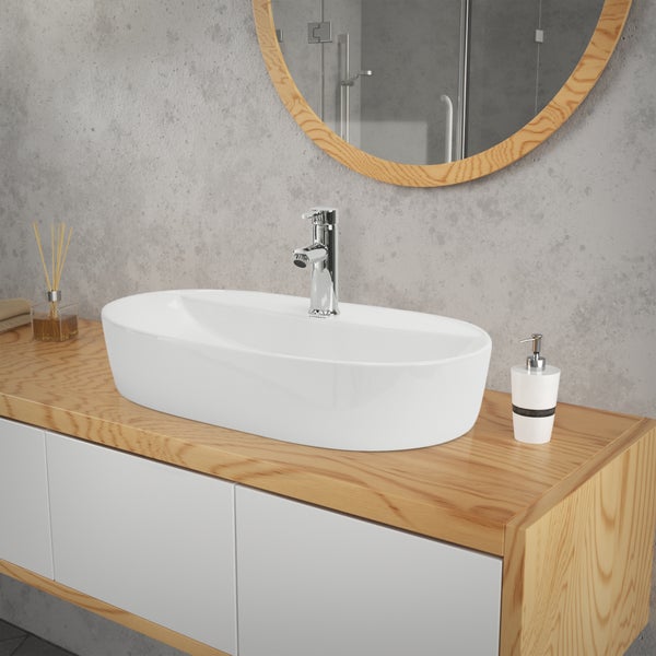 ML-Design Waschbecken aus Keramik in Weiß 60x40x12 cm Oval inkl. Ablaufgarnitur, Moderne Aufsatzwaschbecken, Design Waschtisch Aufsatz-Waschschale Waschplatz Handwaschbecken, für Badezimmer/Gäste-WC