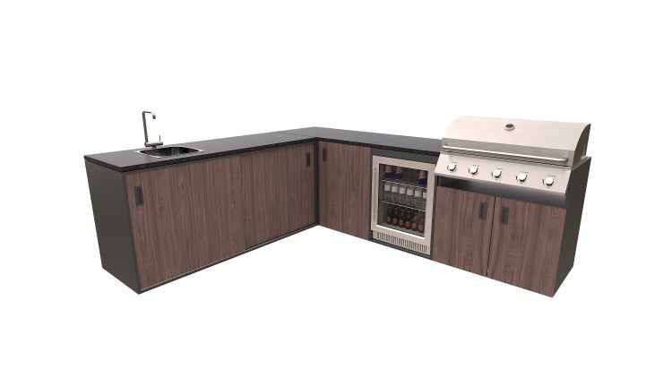 Outdoor-Küche mit Spüle, Kühlschrank und Grill