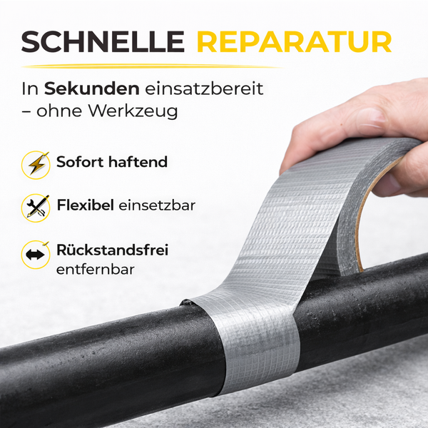 Reparaturband an einem Rohr, sofort haftend, flexibel und rückstandsfrei entfernbar für schnelle Reparaturen ohne Werkzeug.
