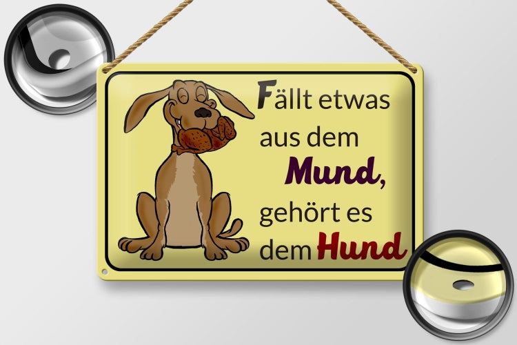 Blechschild Spruch 30x20cm fällt aus Mund gehört dem Hund