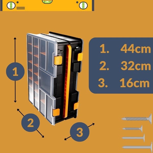Abbildung einer Sortimentsbox mit Größenangaben und einer Wasserwaage im Hintergrund