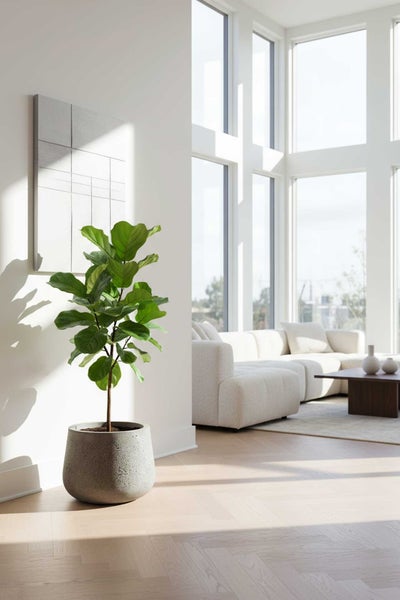 Ficus lyrata Geigenfeige in einem runden Pflanztopf aus Stein in einem modernen, hellen Wohnzimmer mit Parkettboden und großen Fensterfronten.