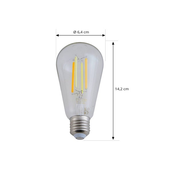 LED-Filament-Leuchtmittel ST64 mit E27-Sockel, Durchmesser 6,4 Zentimeter und Höhe 14,2 Zentimeter.