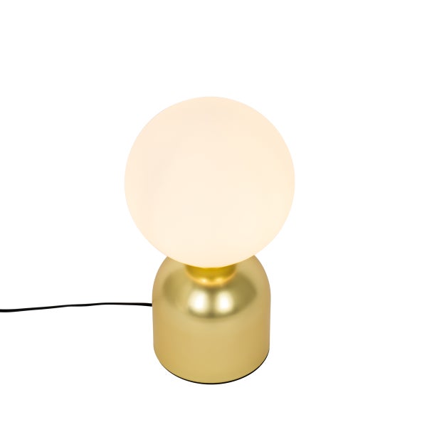 Tischleuchte mit rundem Lampenschirm und Metallsockel