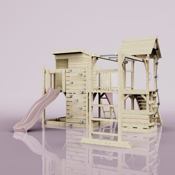 Spielturm aus Holz mit Rutsche, Kletterwand, Sprossenwand und Schaukel
