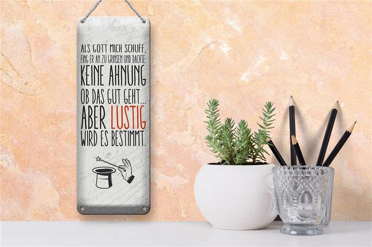 Blechschild Spruch lustig als Gott mich schuff 10x27cm Dekoration