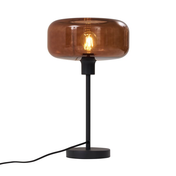 Tischleuchte mit braunem Glasschirm und schwarzem Fuß