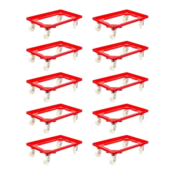 PROREGAL SparSet 10x Transportroller für Euroboxen 60 x 40 cm mit Kunststoffräder Rot Offenes Deck 2 Lenkrollen und 2 Bockrollen Traglast 300 kg