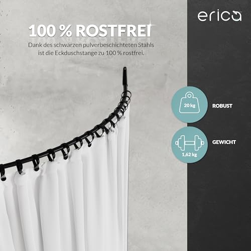 Erica Duschvorhangstange Ecke, 140x140 cm, Duschstange Winkel, Wandmontage für Badewannen, unterstützt ohne Deckenbefestigung, Schwarz Pulverbeschichteter Stahl, 100% Rostfrei