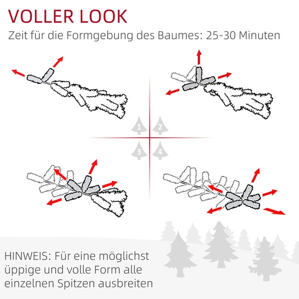 Illustration zur Formgebung eines künstlichen Weihnachtsbaums in vier Schritten durch Ausbreiten der Spitzen für ein volles Erscheinungsbild.