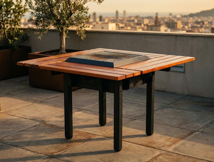 Quadratischer Gartentisch aus Holzlatten mit integriertem Metallgrill auf einer modernen Dachterrasse mit Stadtblick.