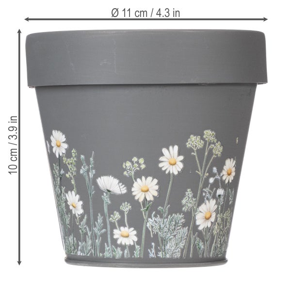 Grauer Blumentopf mit Gänseblümchen-Motiv, Durchmesser 11 Zentimeter, Höhe 10 Zentimeter.