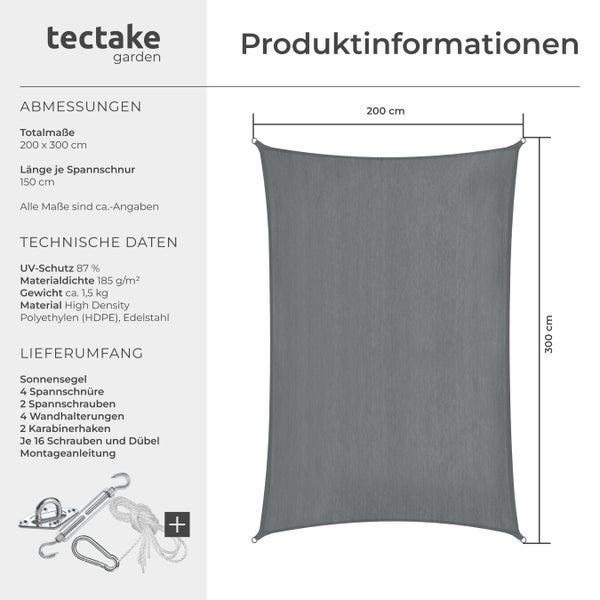 Informationen zum Tectake Sonnensegel mit den Maßen 200 x 300 cm und Angaben zum Lieferumfang