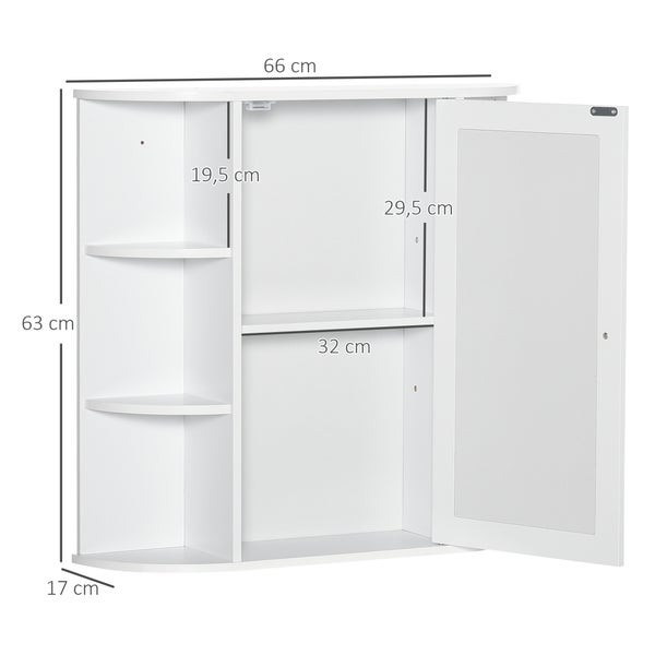 HOMCOM Spiegelschrank Bad, Badezimmerschrank mit Spiegeltür, Badschrank mit offenen Regalböden, Hängeschrank Wandschrank, Weiß, 66 x 17 x 63 cm