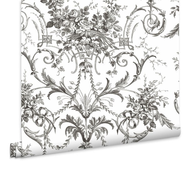 Tapete mit klassischem Blumenmuster und Ornamenten im Toile de Jouy Stil als Rollenware