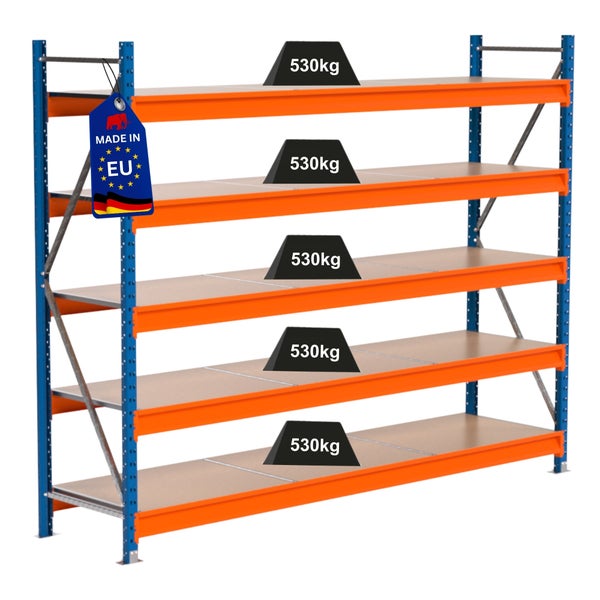 Regal mit fünf Ebenen und einer Traglast von 530 Kilogramm pro Ebene sowie einem Made in EU Siegel