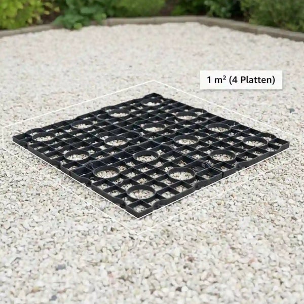 Kunststoff Kiesgitter zur Bodenbefestigung auf einer Schotterfläche, Fläche von einem Quadratmeter entspricht vier Platten.