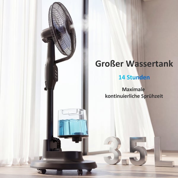 Schwarzer Sprühnebelventilator mit 3,5 Liter Wassertank in hellem Raum, bis zu 14 Stunden maximale kontinuierliche Sprühzeit.