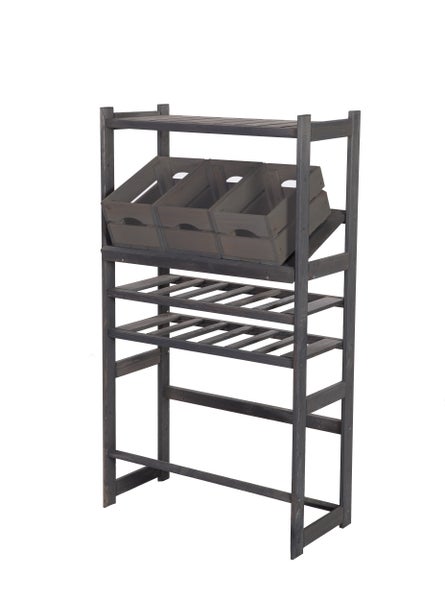 PROREGAL Getränkekisten- & Weinregal SPREEWALD HxBxT 124x70x33cm 12 Flaschen auf 2 Ebene + 2 Ebenen für Kisten + Ablage Massives Kiefernholz Grau geölt