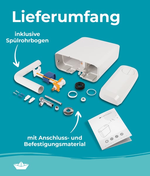 Explosionsdarstellung eines WC Spülkastens mit Spülrohrbogen, Füllventil, Anschluss und Befestigungsmaterial sowie Bedienungsanleitung.