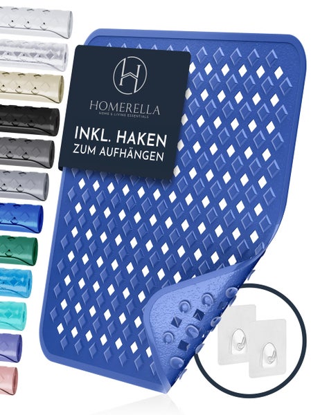 Blaue Duschmatte mit Saugnäpfen und Aufhängehaken