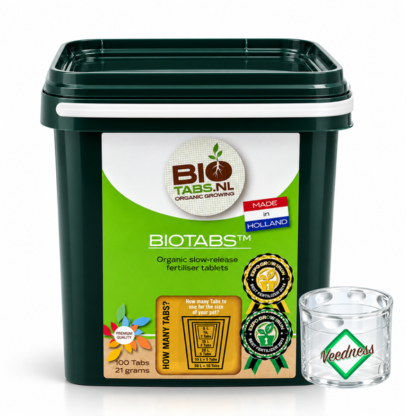 BioTabs Bio-Dünger Tabletten zur organischen Langzeitdüngung in einer Kunststoffdose mit 100 Stück Inhalt.