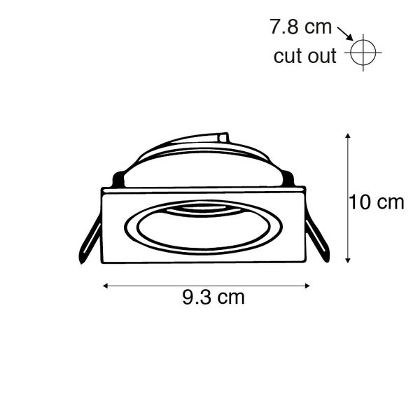 Technische Zeichnung eines Einbaustrahlers: Breite 9,3 Zentimeter, Höhe 10 Zentimeter und Ausschnitt 7,8 Zentimeter.