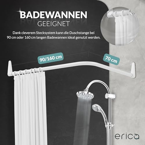 Erica Duschvorhangstange L form 70x90, 70x160 oder 90x140 cm, Duschvorhangstange für Badewannen geeignet, Duschvorhangstange über Eck, Weiße Pulverbeschichteter Stahl, Ohne Bohren