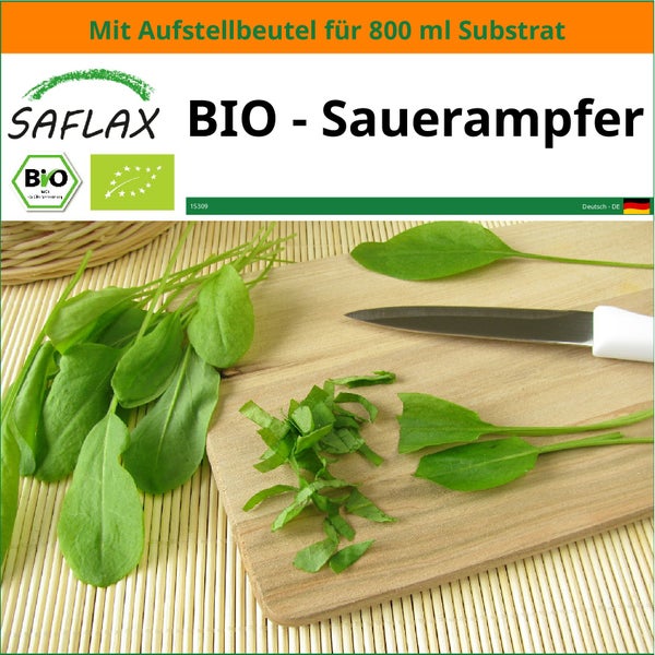 SAFLAX Garden in the bag - BIO - Sauerampfer - Rumex acetosa - 400 Samen - Mit Anzuchtsubstrat im praktischen, selbst aufstellenden Beutel