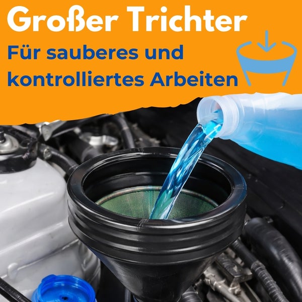 Großer Trichter beim Einfüllen von Flüssigkeit in ein Auto.